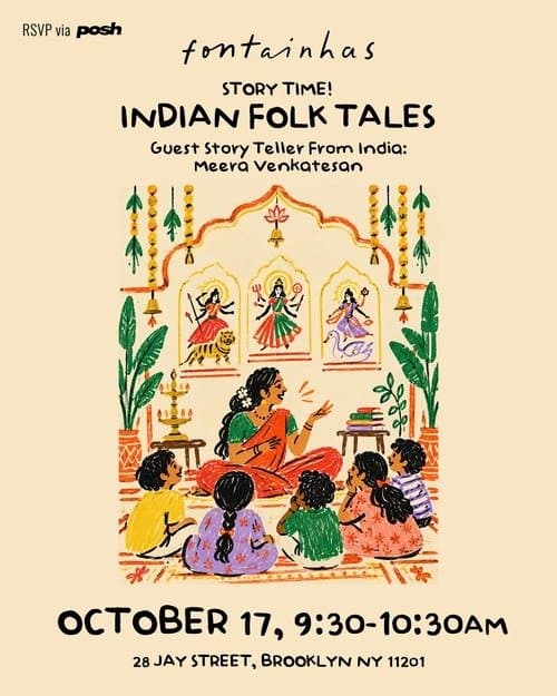 Fontainhas flyer for Indian Folk Tales story time with guest storyteller Meera Venkatesan, October 17