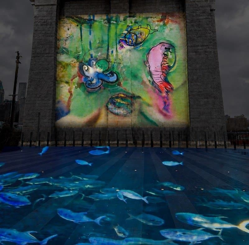 Aqua Cosmos: The Hudson Canyon projected on the Brooklyn Bridge