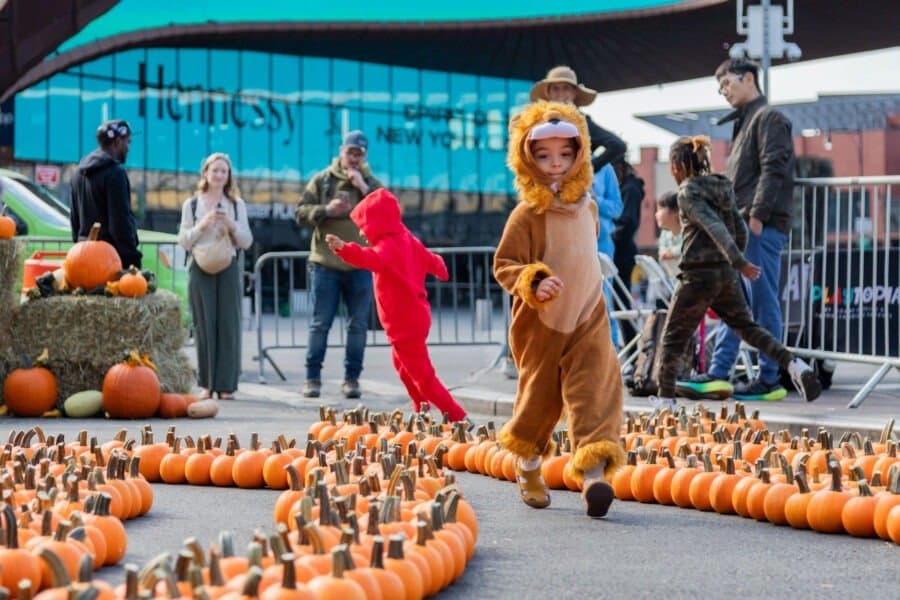 A child in a lion costume runs through rows of mini pumpkins at Fall Fest on the Atlantic Terminal plaza