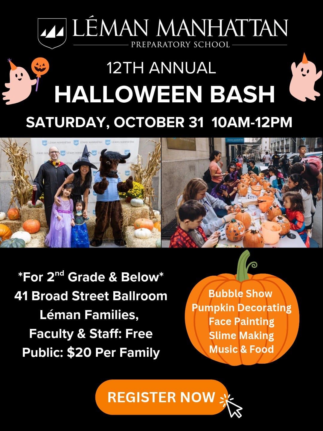 Léman Halloween Bash flyer: Saturday, October 31, 10am to noon at Léman Manhattan Preparatory School