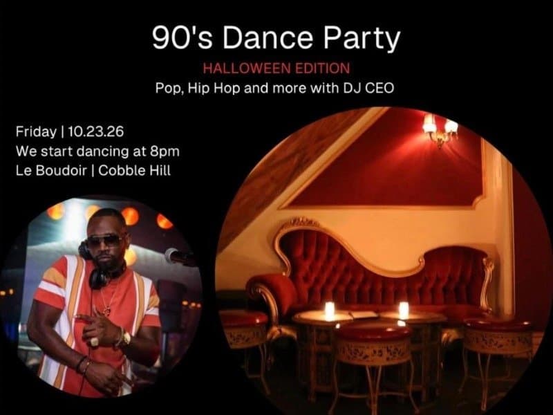 Graphic for the 90s Dance Party Halloween Edition with DJ CEO, Friday October 23 at Le Boudoir in Cobble Hill