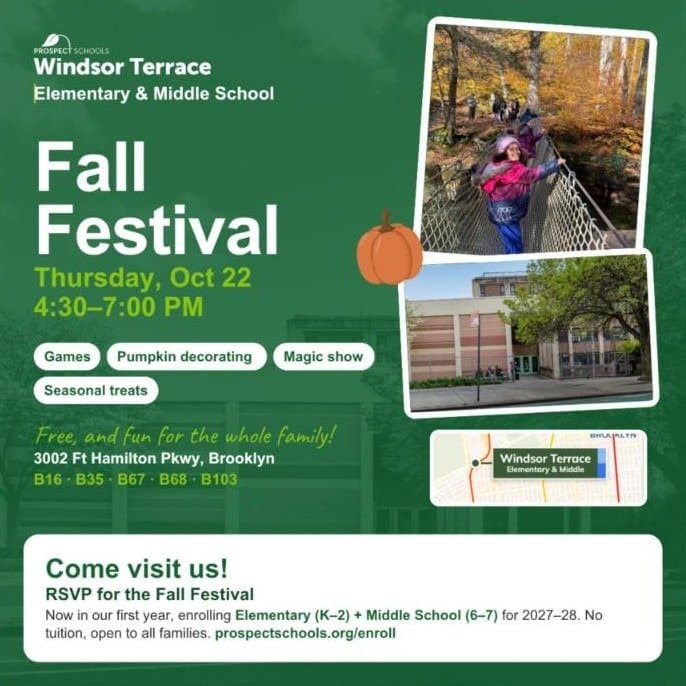 Flyer for the Windsor Terrace Fall Festival at Prospect Schools, Thursday October 22, 4:30 to 7pm