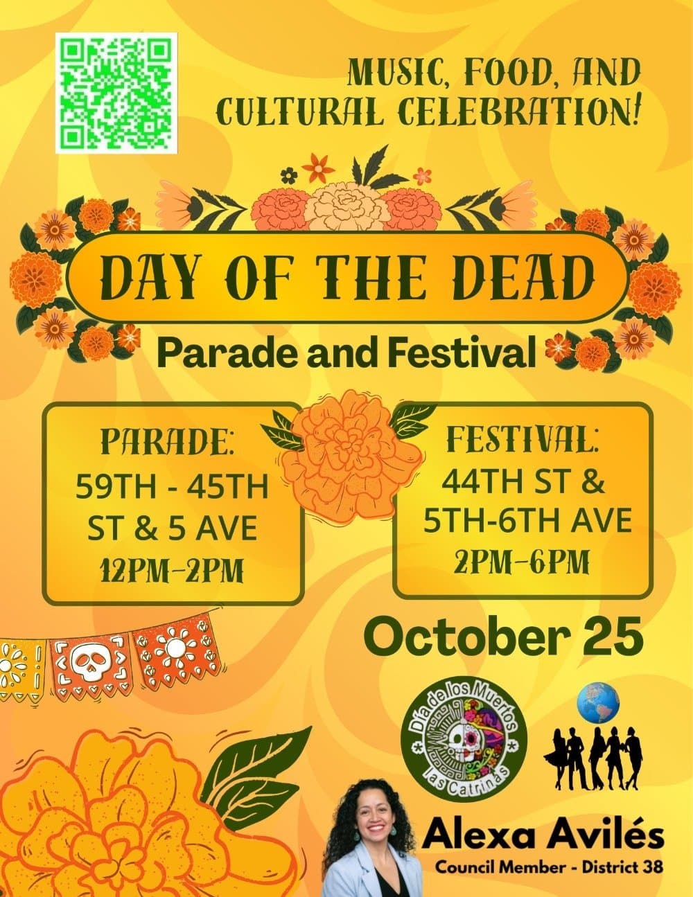 Flyer for the Day of the Dead Parade and Festival in Sunset Park on October 25, from Council Member Alexa Avilés