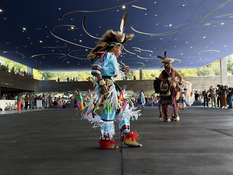 A young dancer in regalia at the Third United Lenape / Lunáapeew Nations Pow Wow at the LeFrak Center at Lakeside in Prospect Park