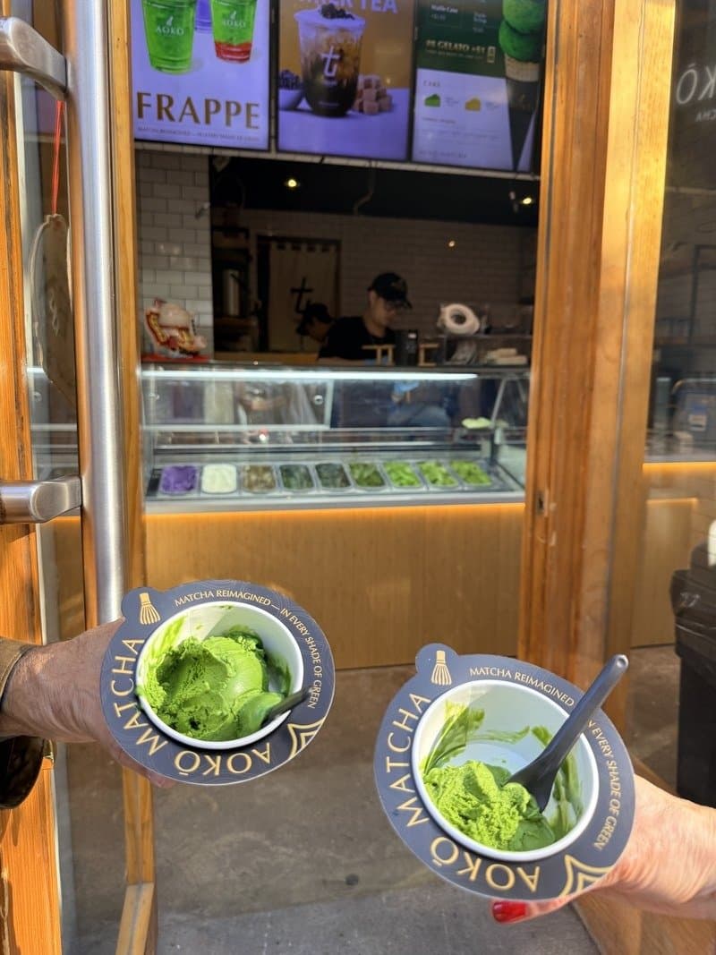 Two cups of matcha gelato outside Aokō Matcha at 155 Fifth Avenue, Park Slope