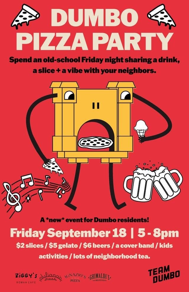 Dumbo Pizza Party flyer, Friday September 18, 5–8pm at the Dumbo Archway