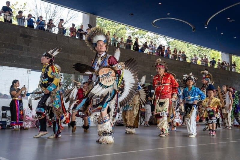 Dancers in full regalia at the Prospect Park Pow Wow at LeFrak Center at Lakeside