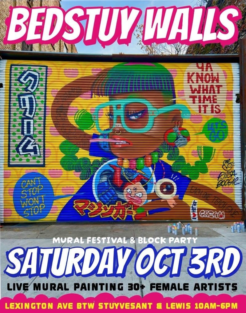 Bedstuy Walls 2026 poster over a painted mural, announcing the Mural Festival and Block Party on Saturday, October 3