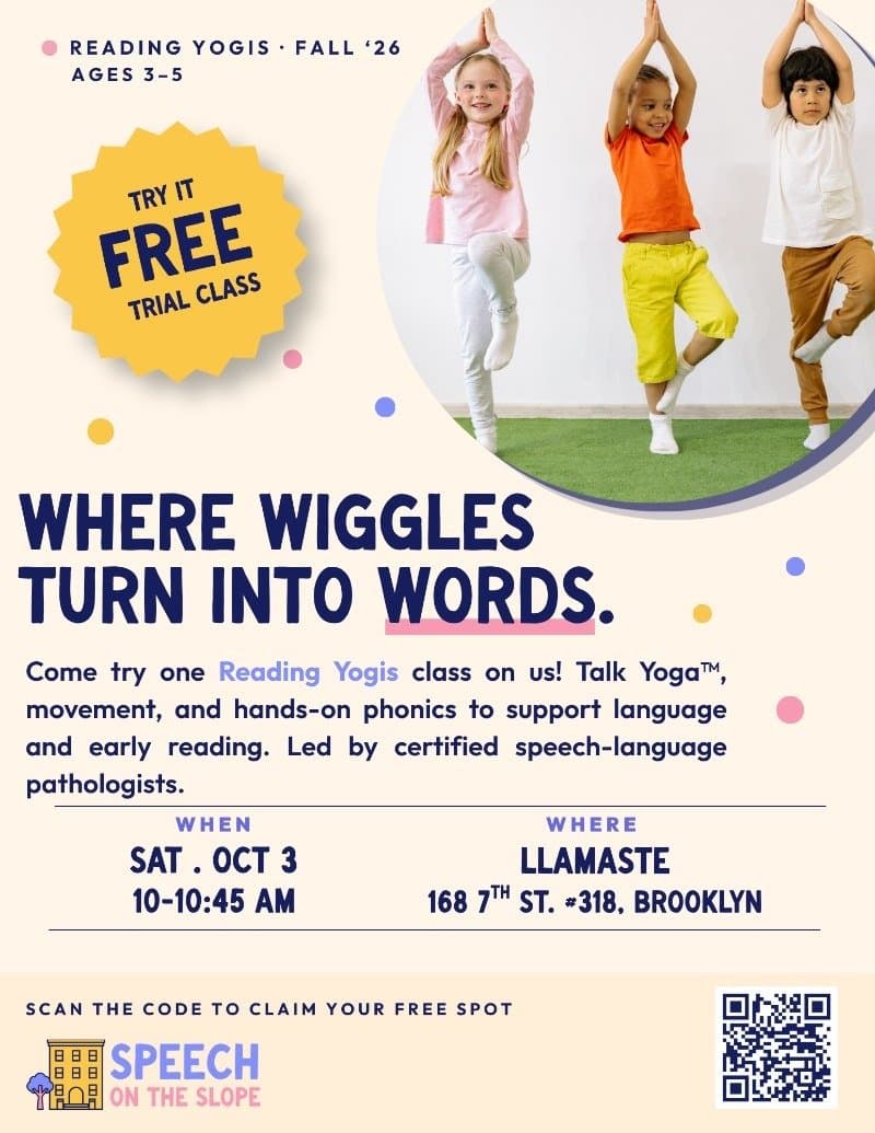 Flyer for a free Reading Yogis trial class for ages 3 to 5, Saturday October 3 at 168 7th Street, Park Slope