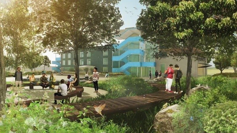 Rendering of the planned Runway Green education campus at Floyd Bennett Field, with an outdoor classroom and gardens