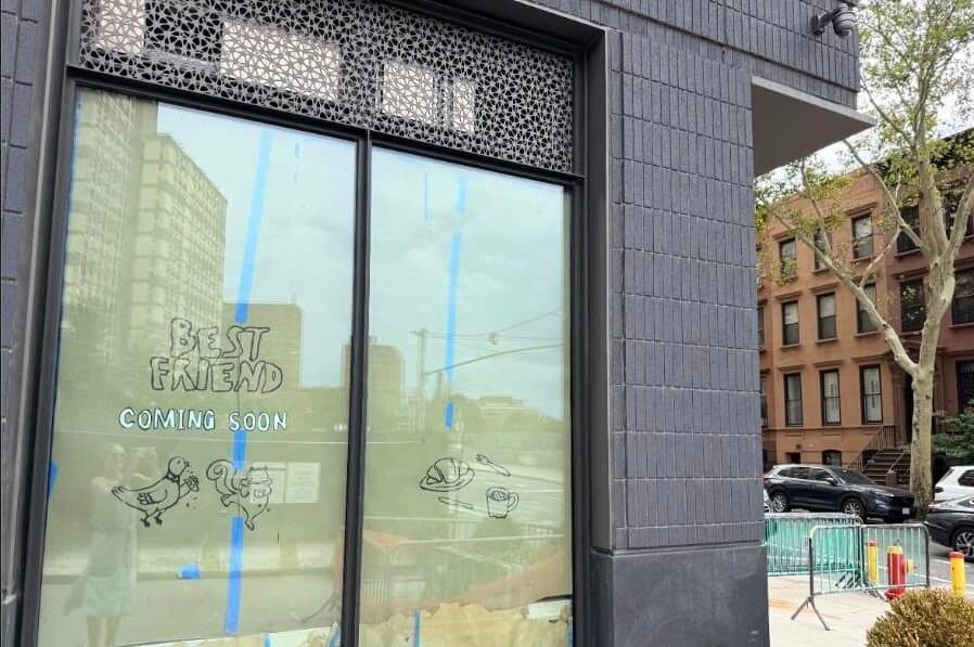 Best Friend Cafe storefront at 535 Carlton Avenue in Prospect Heights with Coming Soon window art